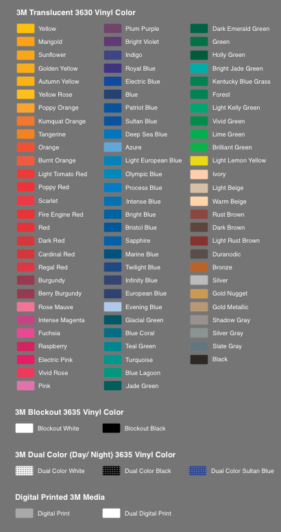 Channel letter translucent vinyl face color chart