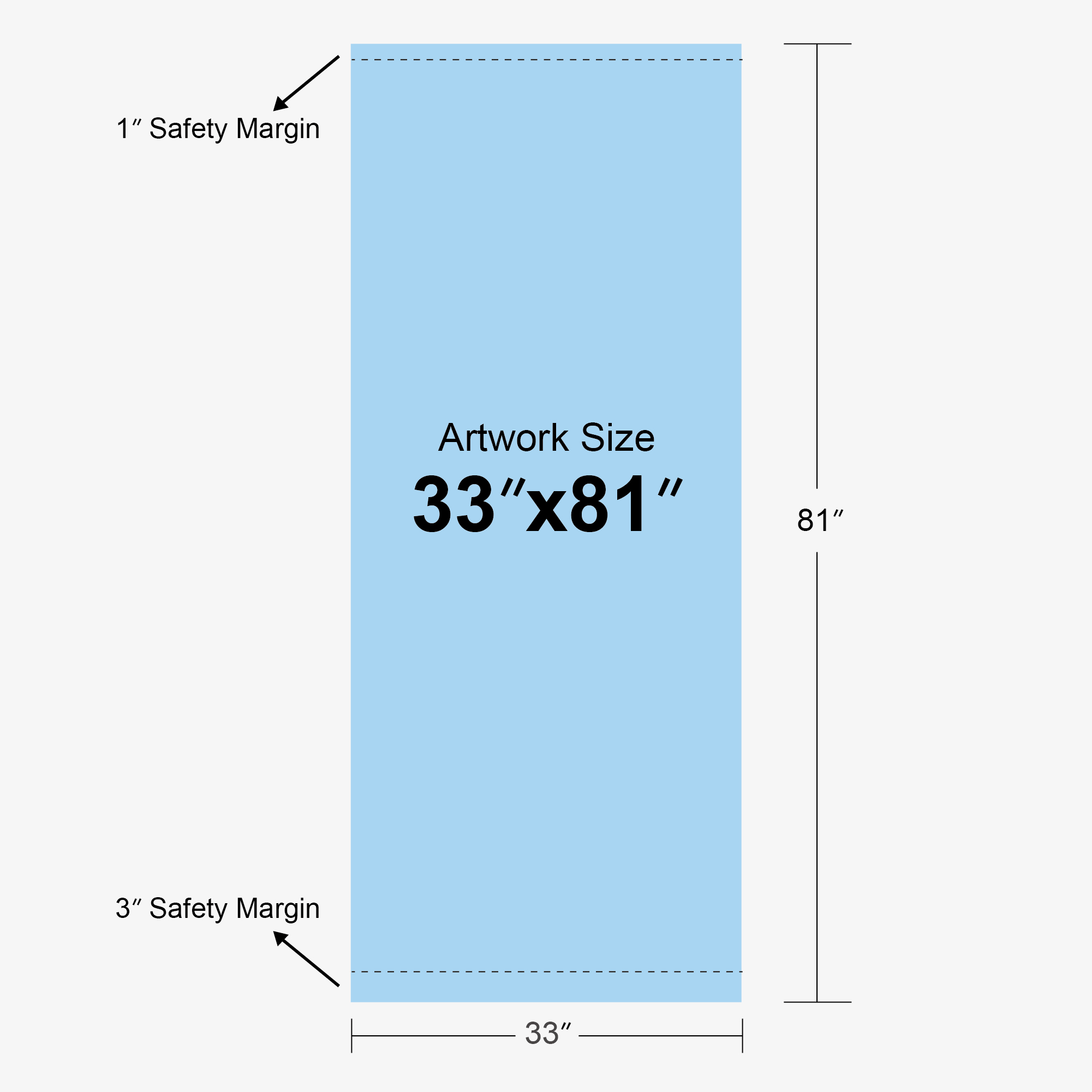 Deluxe retractable banner artwork size diagram, 33 x 81 inches with safety margins
