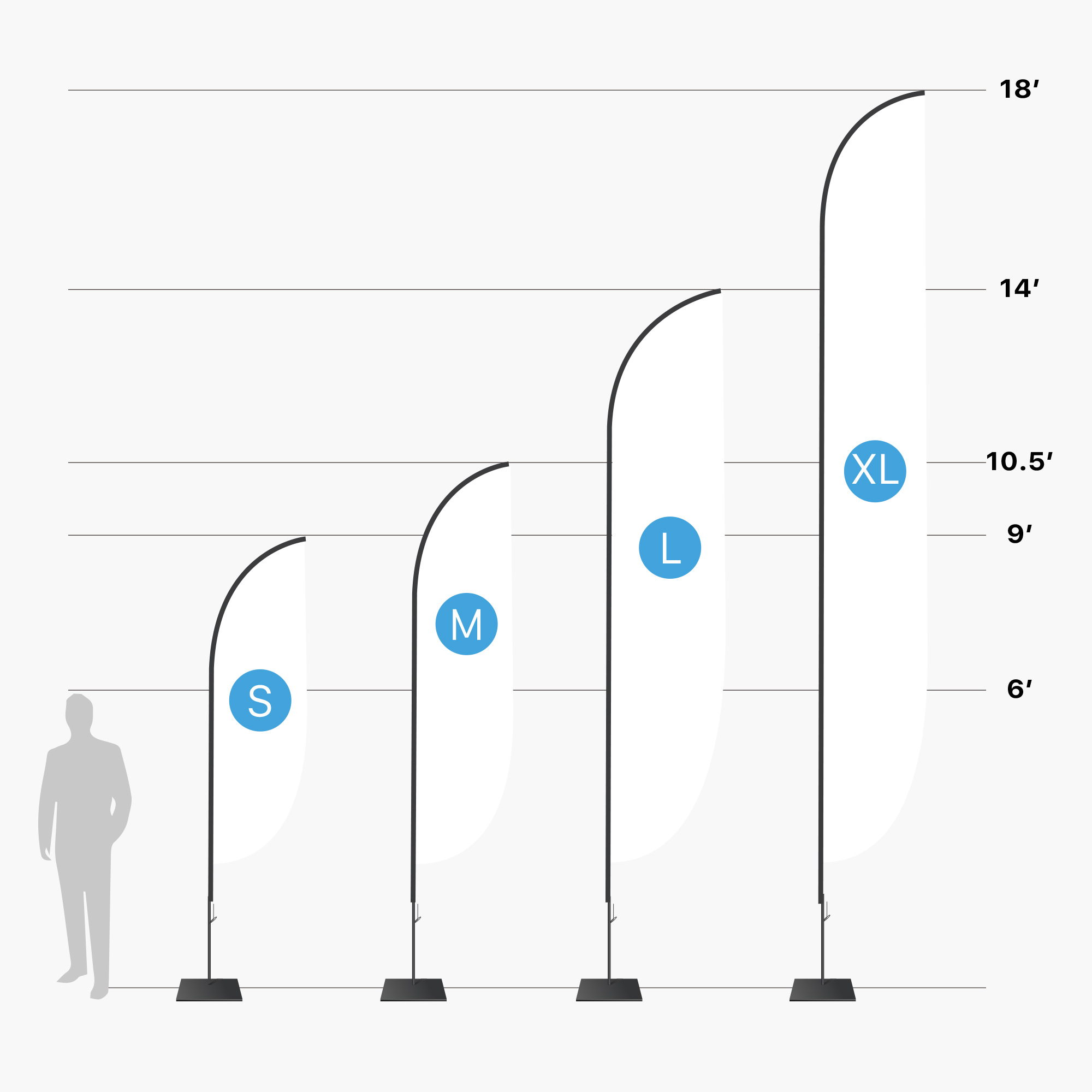 Feather convex flag size chart: small, medium, large and extra large heights from 6 to 18 feet