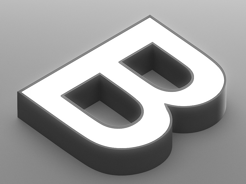 Front view of an inset acrylic face lit channel letter with stainless steel border