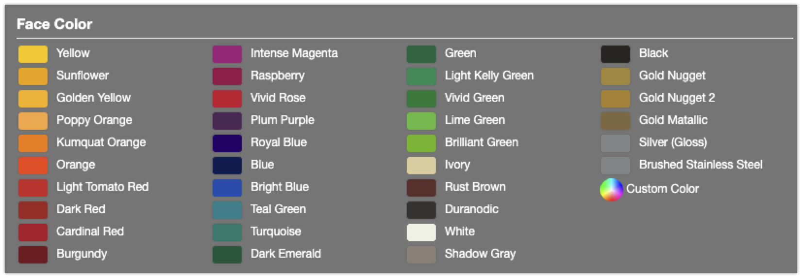 Stainless steel channel letter face and return color chart