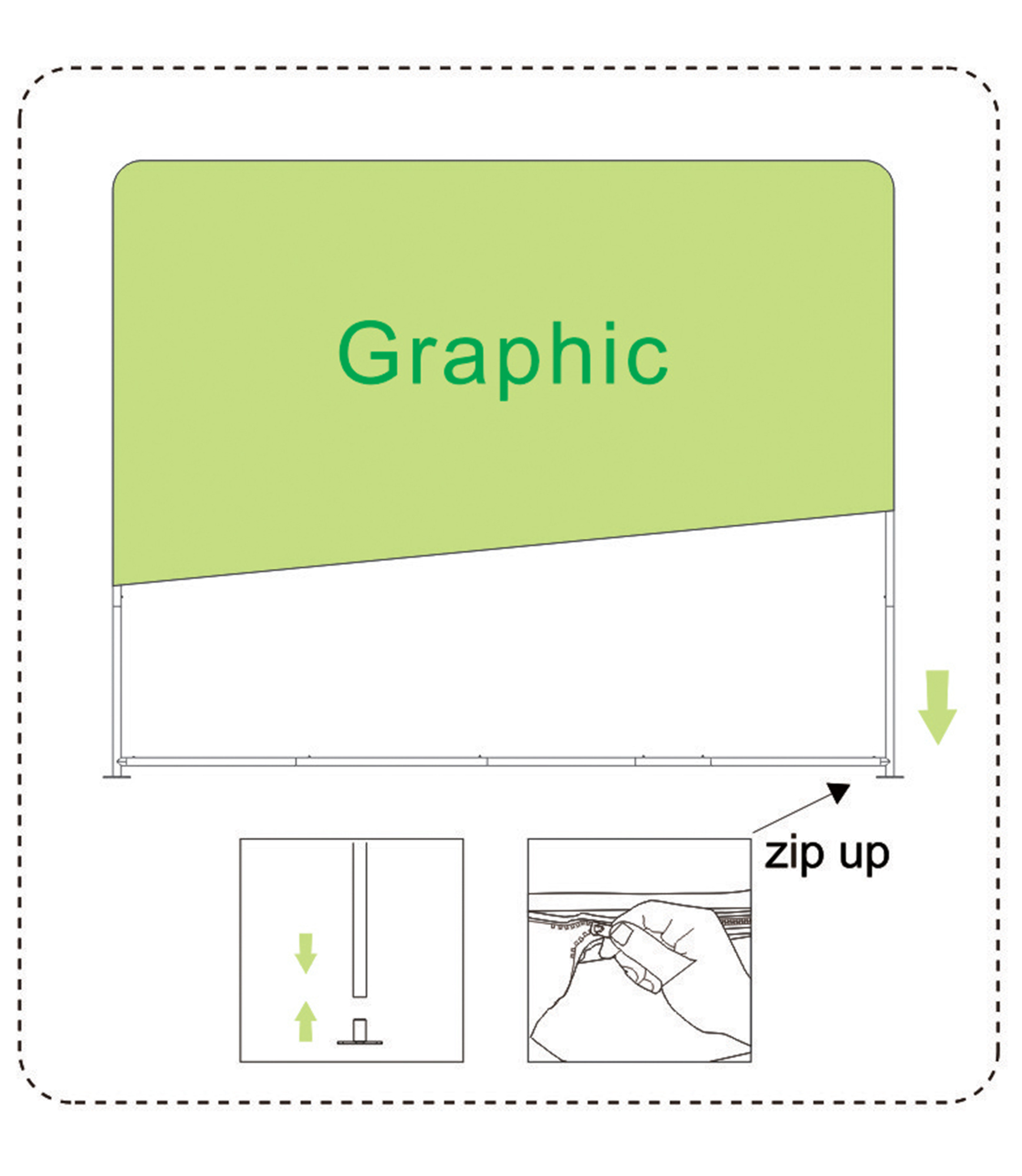 Straight tension fabric display installation step 2: wrap the graphic over the frame and zip it up