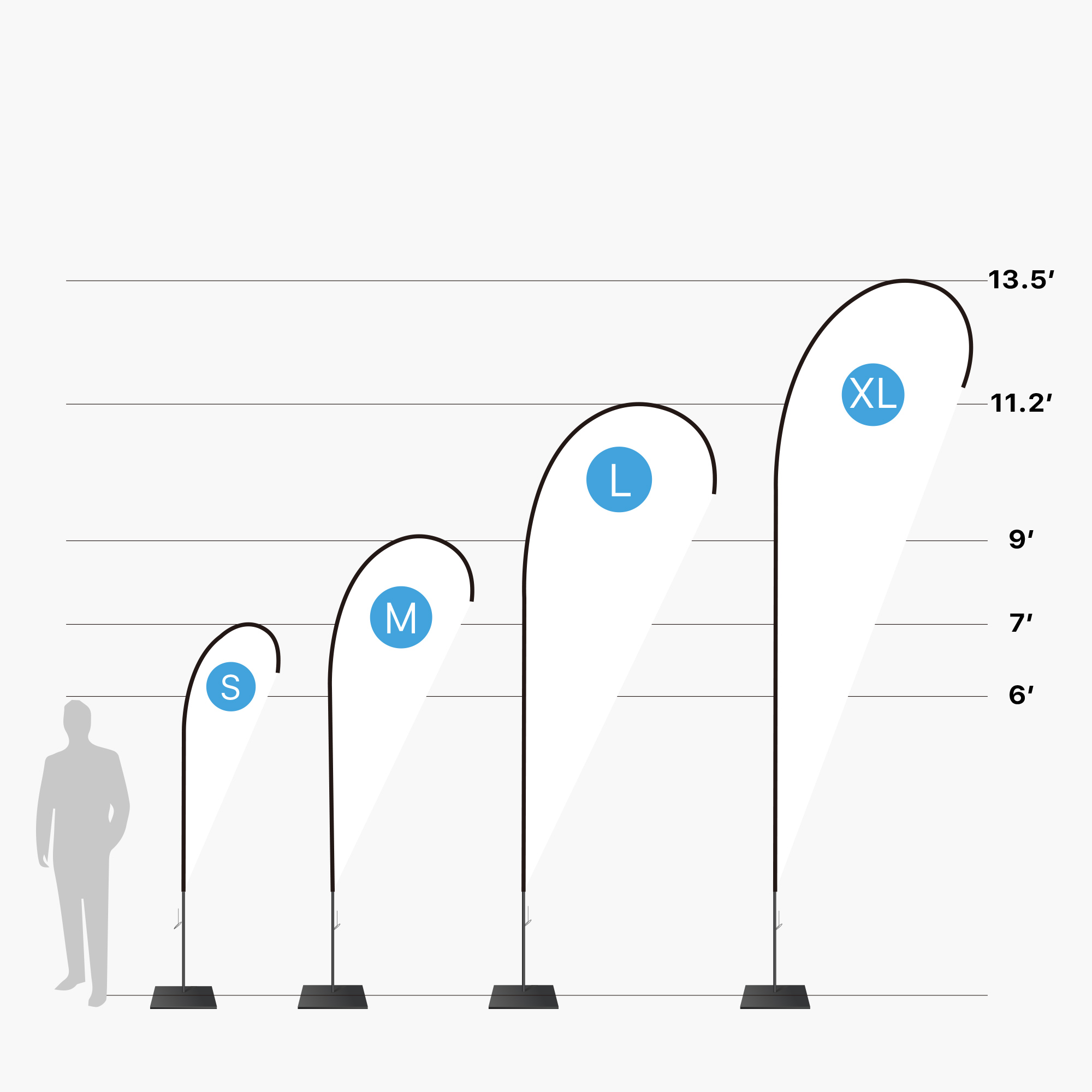 Teardrop flag size chart: small, medium, large and extra large heights