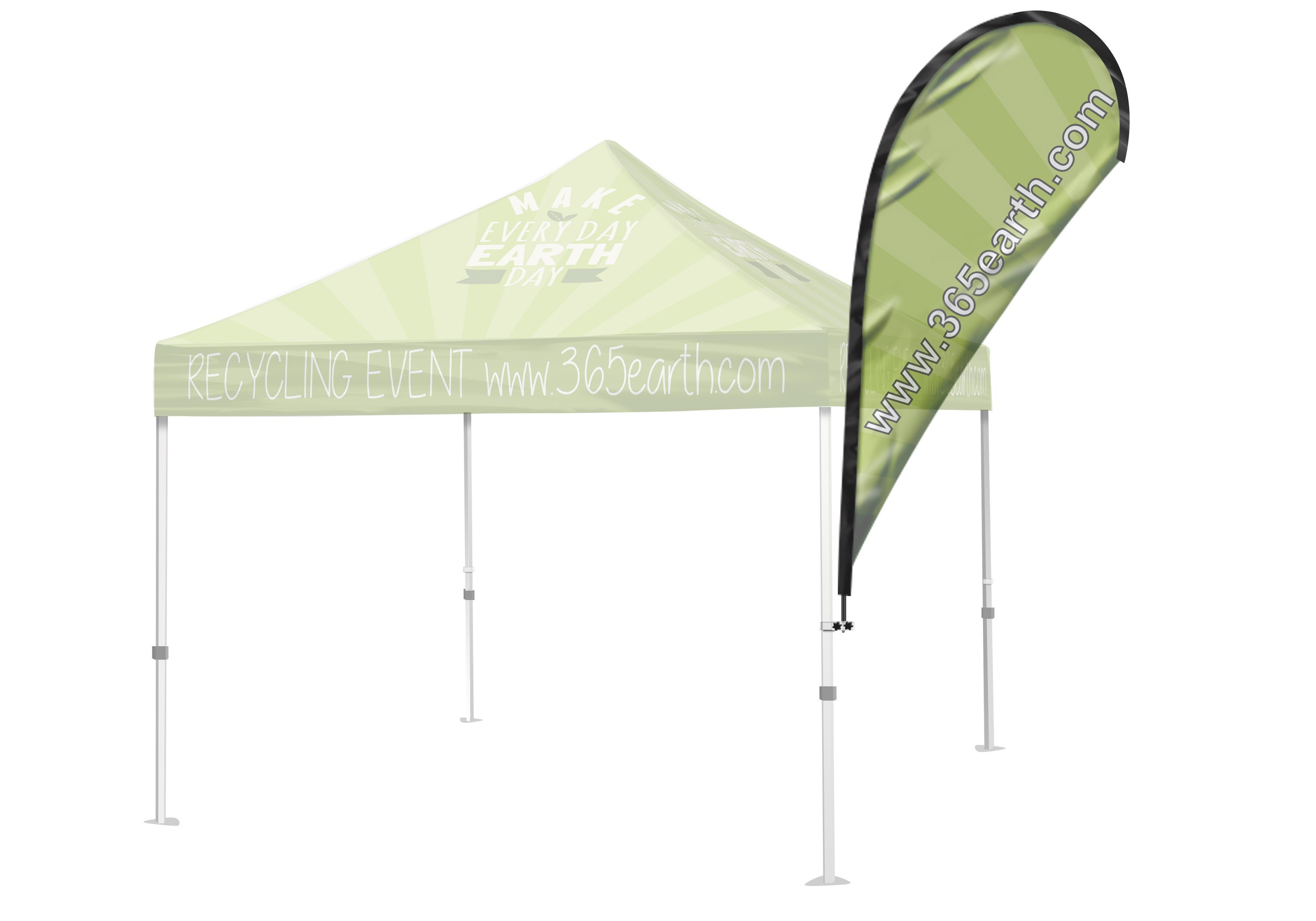 Teardrop tent flag attached to the leg of a pop-up event tent